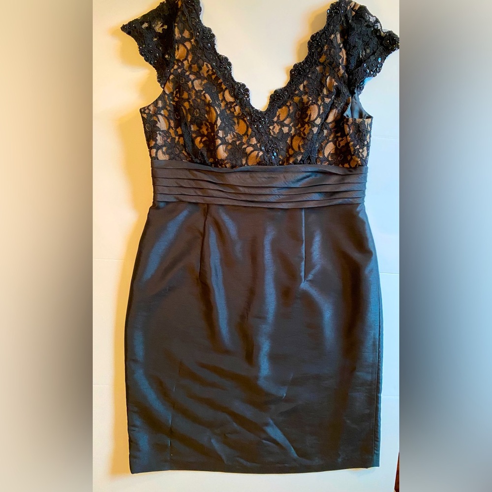 SL Fashions Black Beaded and Sequins Detail Midi Cocktail Dress, size 14